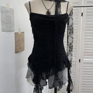 Asymmetrical Ruffle Trim Lace Slim Fit Camisole Top With Thin Scarf Black by Allinya