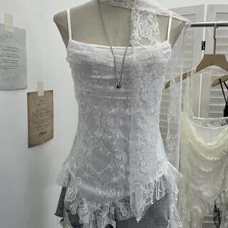 Asymmetrical Ruffle Trim Lace Slim Fit Camisole Top With Thin Scarf White by Allinya