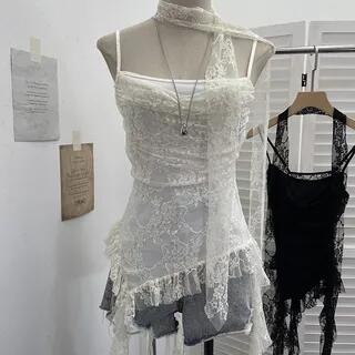 Asymmetrical Ruffle Trim Lace Slim Fit Camisole Top With Thin Scarf Milky White by Allinya