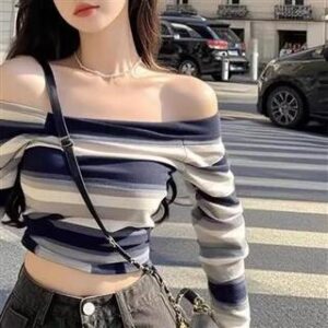 Long Sleeve Off Shoulder Striped Crop Top White & Black 279206673