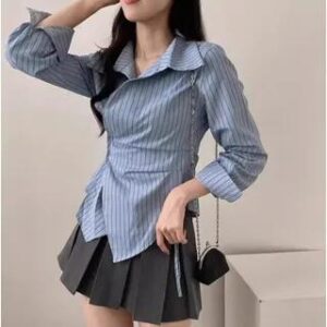 Long-Sleeve Asymmetrical Wrap Slim Fit Shirt Striped - Blue 279368424