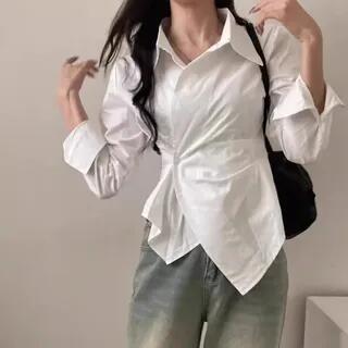 Long-Sleeve Asymmetrical Wrap Slim Fit Shirt Plain - White by ISSOL