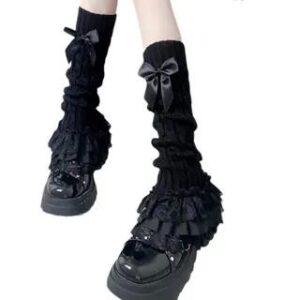 Plain Bow Ruffle Cable Knit Leg Warmers Black 279445366