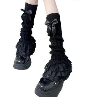 Plain Bow Ruffle Cable Knit Leg Warmers Black by GOGO Girl