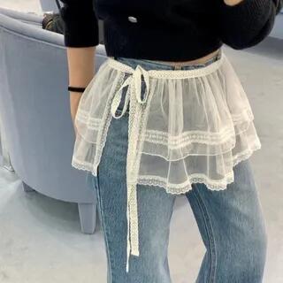 Plain Lace Trim Side-Slit Lace-Up Mesh Mini A-Line Skirt White by MIKIGA
