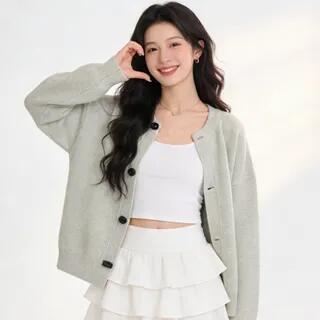 Round Neck Melange Toggle Cardigan Red by Beem