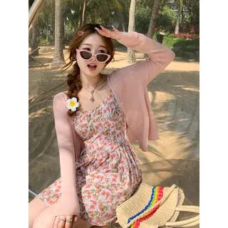 V-Neck Button-Up Plain Sheer Cardigan Pink by Yako