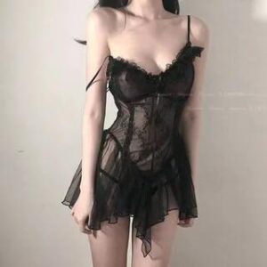 Lingerie Set: Lace Babydoll + Thongs Set of 2 - Babydoll & Thong - Black 279528838
