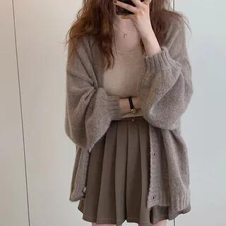 V-Neck Plain Button Up Cardigan Brown by Bolgivy