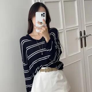 Long-Sleeve V-Neck Striped Knit Top Navy Blue by Janerium