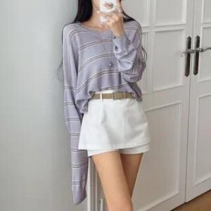 Long-Sleeve V-Neck Striped Knit Top Purple 279546072