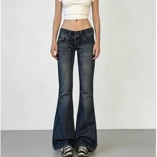 Low Rise Washed Slim-Fit Boot-Cut Jeans Blue by Sosana