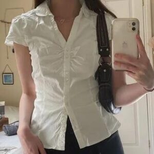 L - Short Sleeve/Long Sleeve V-Neck Plain Ruched Shirt Blue 279645864