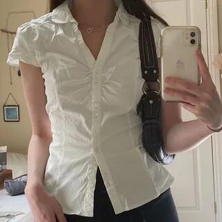 L - Short Sleeve/Long Sleeve V-Neck Plain Ruched Shirt Blue by Honet