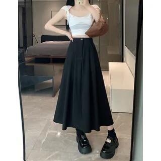 High-Rise Pleated Midi A-Line Skirt Black by Mikiko