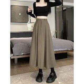 High-Rise Pleated Midi A-Line Skirt Coffee by Mikiko