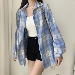 Long-Sleeve Plaid Shirt Plaid - Blue | Sisyphi by Sisyphi
