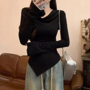 Cowl Neck Plain Asymmetrical T-Shirt Black 279716923