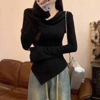 Cowl Neck Plain Asymmetrical T-Shirt Black by Cloud Nine