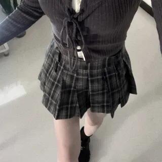 Mid Rise Plaid Pleated Mini Skirt Skirt - Plaid - Black & Gray by Maisee