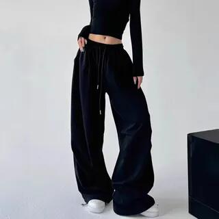 Drawstring Waist Plain Baggy Sweatpants CFX-k181 - Black by PERKARP