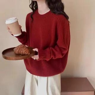 Crew Neck Plain Sweater Red by Sienne