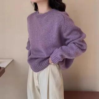 Crew Neck Plain Sweater Purple by Sienne