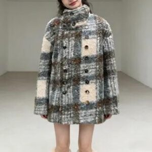 Stand Collar Plaid Double Breasted Coat Gray & Brown & White 279912293