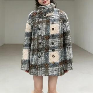 Stand Collar Plaid Double Breasted Coat Gray & Brown & White by Everose
