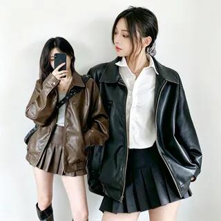 Plain Faux Leather Zip Jacket / High Rise Pleated Mini A-Line Skirt 7849 - Skirt - Black by Moon City