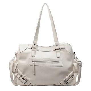 Studded Buckled Faux Leather Utility Tote Bag White by FAYLE