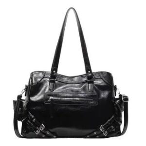Studded Buckled Faux Leather Utility Tote Bag Black 279926933