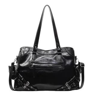 Studded Buckled Faux Leather Utility Tote Bag Black by FAYLE