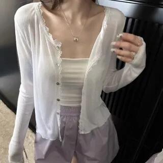 V-Neck Plain Lace Trim Button Up Top White by Kenning