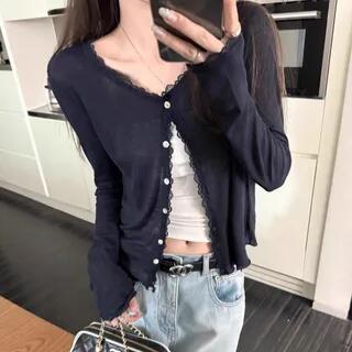 V-Neck Plain Lace Trim Button Up Top Navy Blue by Kenning