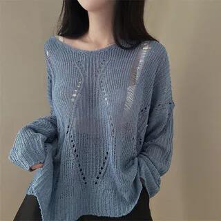 Long-Sleeve V-Neck Plain Ribbed Top Blue by monroll