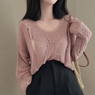 Long-Sleeve V-Neck Plain Ribbed Top Pink by monroll