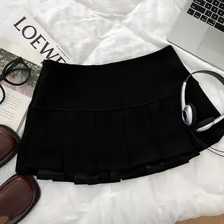 Low Waist Plain Pleated Mini A-Line Skirt Black by DIYI
