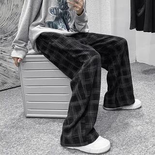 Mid Rise Plaid Corduroy Wide Leg Pants Black by Urtishia