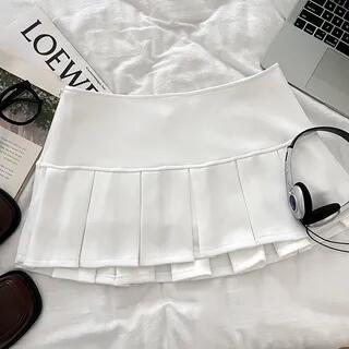Low Waist Plain Pleated Mini A-Line Skirt White by DIYI