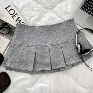 Low Waist Plain Pleated Mini A-Line Skirt Gray | DIYI 280170883