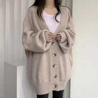 Oversized Bubble-Sleeve V-Neck Cardigan Almond by Bolgivy