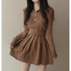 Plain Crop Polo Sweater / High Waist Pleated Mini A-Line Skirt Khaki 280179395