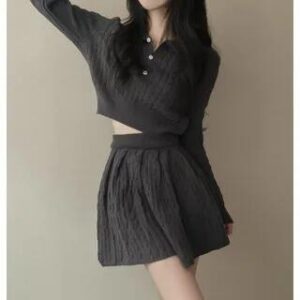 Plain Crop Polo Sweater / High Waist Pleated Mini A-Line Skirt Black 280179429