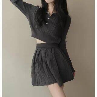 Plain Crop Polo Sweater / High Waist Pleated Mini A-Line Skirt Black by Beaustreet