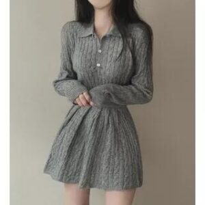 Plain Crop Polo Sweater / High Waist Pleated Mini A-Line Skirt Light Gray 280179442
