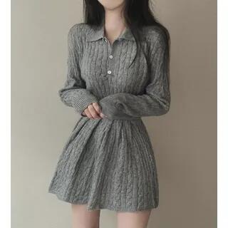 Plain Crop Polo Sweater / High Waist Pleated Mini A-Line Skirt Light Gray by Beaustreet
