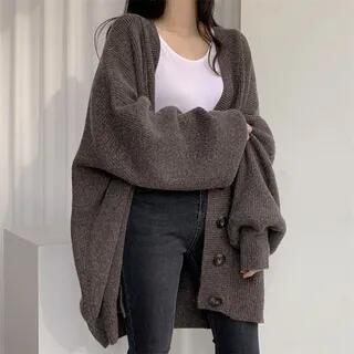 Oversized Bubble-Sleeve V-Neck Cardigan Coffee by Bolgivy
