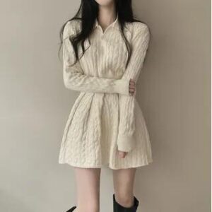 Plain Crop Polo Sweater / High Waist Pleated Mini A-Line Skirt Almond 280179463