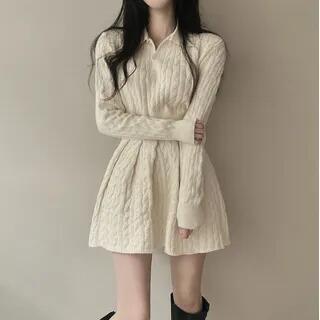 Plain Crop Polo Sweater / High Waist Pleated Mini A-Line Skirt Almond by Beaustreet